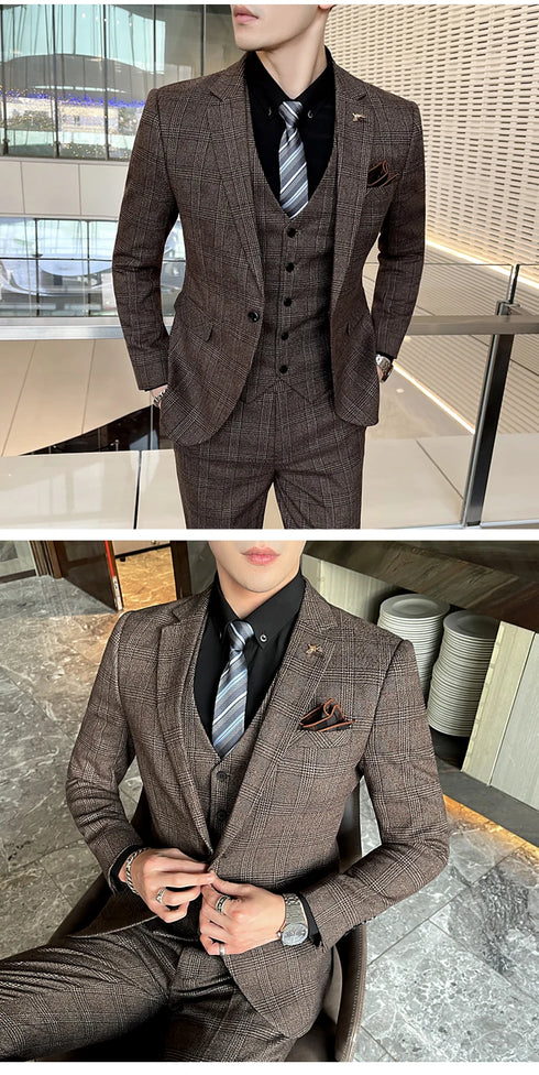 Elegant Single-Breasted Three-Piece Suit for Business, Weddings, and Best Man Attire - Comfortable British Style for Men